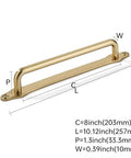 Brushed Brass Cabinet Pulls With Backplates Set Of 5 for 8 Inch Hole Center, 203mm handles, and 1.3 Inch projection, shown on diagram.