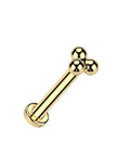 Gold PVD Titanium Threadless Push In Triple Ball Cluster Flat Back Ear Stud For 16 20 Gauge 6mm Or 8mm Bar Length 3mm Balls Implant Grade ASTM F 136 Body Jewelry, angled view
