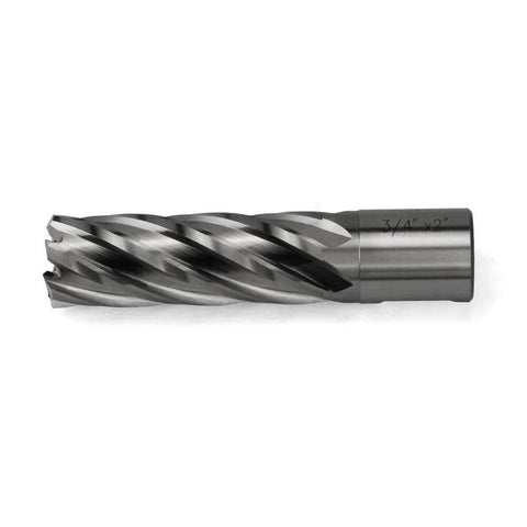 Side view of annular cutter with Weldon shank, 3/4 in diameter, 2 in cutting depth, HSS