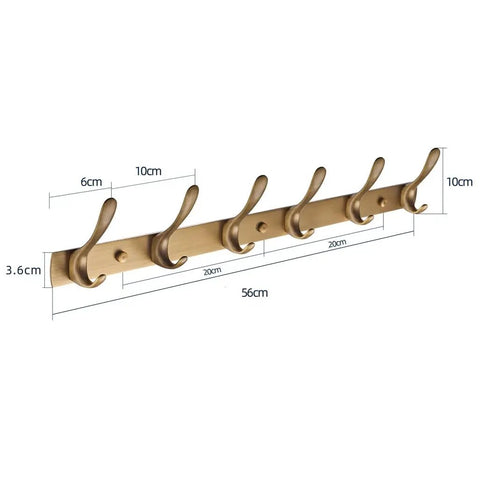 Top Shelf Vintage Brass Wall Mounted Coat Rack With Six Sleek Brushed Metal Hooks For Entryway Bathroom Bedroom And Closet Heavy Duty Towel Hanging Rail Built Tough To Grip Tight, showing dimensions and hooks.