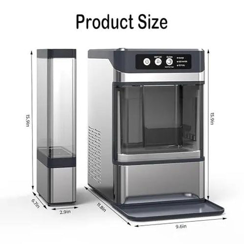 Large Capacity Countertop Ice Maker With No Fuss Self Cleaning And Three Liter Detachable Tank Churning Out Fresh Nugget Ice Quickly showing dimensions.