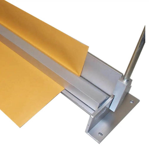 Close-up of 48 Inch Aluminum Sheet Metal Bender For 20 Gauge Steel And 14 Gauge Aluminum, showing bench top brake mechanism.