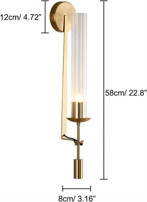 Modern Long Tube Wall Sconce In Brushed Gold Metal And Frosted Glass casting a warm glow, dimensions 58cm x 12cm, elegant design.