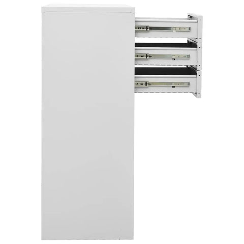 Side view of lockable metal file cabinet with doors and drawers in white for home office garage storage secure steel cabinet.
