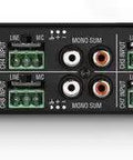 Back view of Two Channel 120 Watt Powered Audio Mixer Amplifier For Commercial Installations with various inputs and outputs