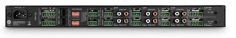 Back view of Two Channel 120 Watt Powered Audio Mixer Amplifier For Commercial Installations with various inputs and outputs