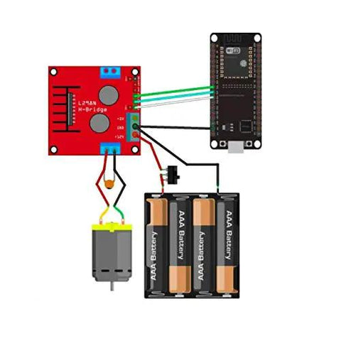 Beefy Dual H-Bridge Motor Drive Controller Board with battery pack and motor setup for Arduino ESP32 ESP8266