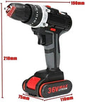 Heavy Duty Workhorse Cordless Drill Driver Set With Brushless Motor And Knockout Impact Wrench Packed With Bright Job Site LEDs And Two All Day Run Time Lithium Ion Batteries Plus One Click Charger And 26 Piece Pro Accessory Kit, showing 10mm keyless chuck and 36V lithium battery.
