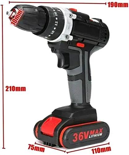 Heavy Duty Workhorse Cordless Drill Driver Set With Brushless Motor And Knockout Impact Wrench Packed With Bright Job Site LEDs And Two All Day Run Time Lithium Ion Batteries Plus One Click Charger And 26 Piece Pro Accessory Kit, showing 10mm keyless chuck and 36V lithium battery.