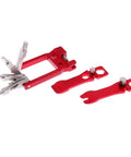 Compact Bike Repair Tool Kit with Multiple Functions, sturdy steel, showing red multi-tool and wrenches for emergency bike maintenance.