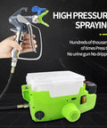 Rock Solid Cordless Airless Paint Sprayer With Easy Peasy Setup And Top Shelf Flow For Indoors And Exterior Walls Features 500W Brushless Motor And Slick One Point Seven Liter Tank In Vibrant Green, showing high pressure spray gun.