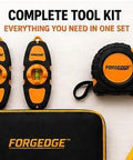 FORGEDGE Magnetic Stud Finder Set, 2-Pack with Level, Tape Measure, Carpenter Pencil & Storage Case displayed on a table.