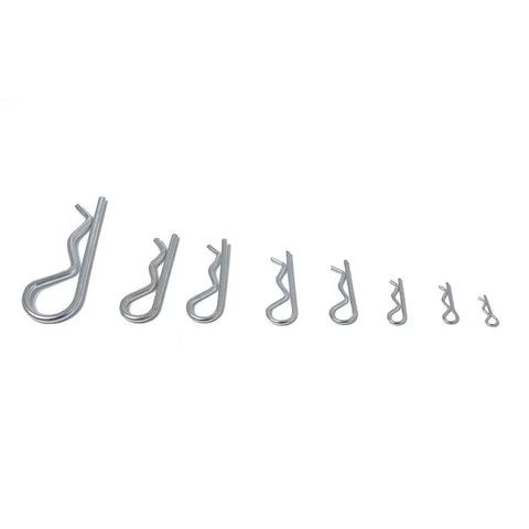 100Pcs Heavy Duty Industrial R Pins Mechanical Locking Hair Pins Steel Hitch Clips in various sizes with chrome finish.