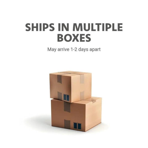 Two cardboard boxes stacked with text 'Ships in Multiple Boxes May arrive 1-2 days apart' above.