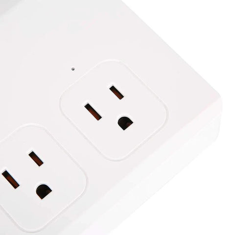 Close-up of the Rock Solid Wifi Smart Power Strip With Four Quick Charge Usb Ports and Voice Control plug sockets.