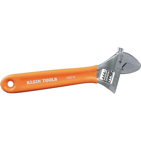 Beefy Adjustable Wrench With Extra Capacity Jaw For Bigger Jobs In Tight Spaces One And A Half Inch Capacity Precision Forged Steel SAE And Metric Scales Plastic Dipped Handle Six Inch Heavy Duty Grip For Pro Level Fixes, orange handle.
