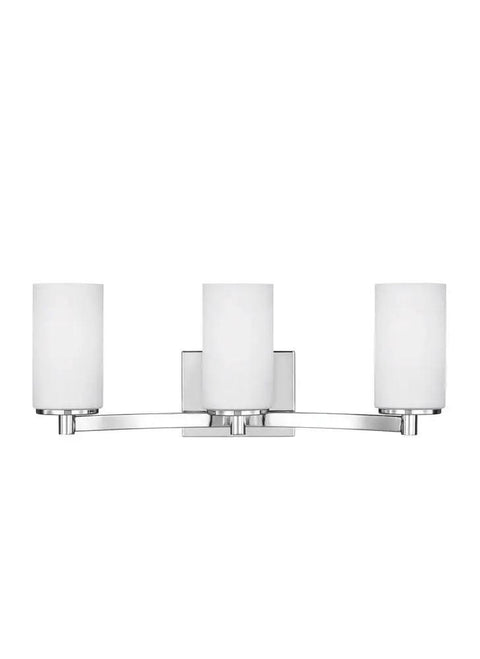 Three Light Chrome Bath Vanity Light With Etched White Glass, Energy Star LED Fixture mounted on a wall, front view.