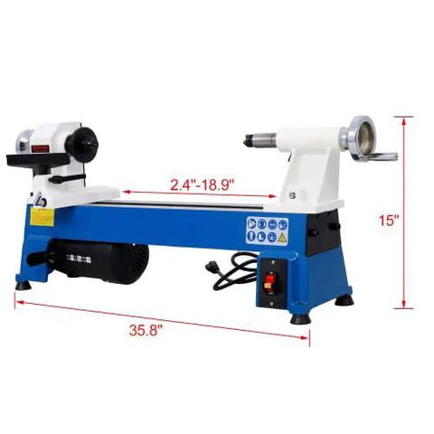 Front view of benchtop wood lathe with blue base, white headstock; 10x18 in bed, 1/2 HP, 5 speeds (500–3200 RPM).