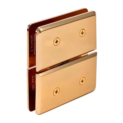 Gold Plated Glass To Glass Mount Hinge With Top And Bottom Mount Design For Half Inch Tempered Glass, monolithic brass body
