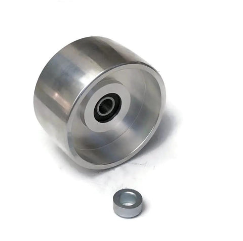 Top Tier 4 Inch Nylon Tracking Wheel For 2X72 Belt Grinder Loaded With Heavy Duty Bearings and a silver guide roller.