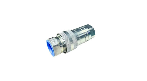 1-inch AG ISO 5675 hydraulic quick-connect Pioneer-style coupler with 1-inch NPT thread; metal body, knurled grip, blue insert