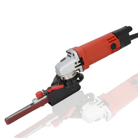 Kick Up Some Dust With This Quick Swap Angle Grinder To Belt Sander Adapter Fits 100 115 And 125 Millimeter Discs With Six Speed Switch Lock One Eighty Pivot And Sure Grip Handle mounted on an angle grinder.