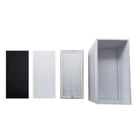 Four layered filters for a Heavy Duty Vertical Smoke Purifier That Kicks Fumes Right Out Of The Shop, showing varied sizes and materials.
