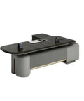 Executive Boss Computer Desk Featuring Dual Storage Cabinets Adjustable Height Standing Option And Heavy Duty Frame angled view with modern design.