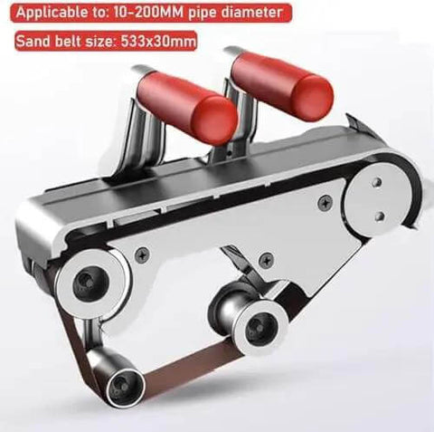 Beefy Pro Grade Pipe Polisher And Belt Sander For Metal Tubes And Round Pipes, 1100W, shown with 2 rollers and sand belt.