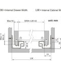 Technical diagram of Push To Open Soft Close Drawer Slides With Slick Hidden Mounting And No Handle showing dimensions.