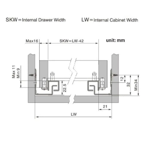 Technical diagram of Push To Open Soft Close Drawer Slides With Slick Hidden Mounting And No Handle showing dimensions.