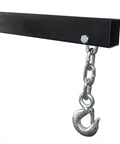 Built Tough Heavy Duty 2 Ton Electric Motor Hoist Stands with metal hook and chain for secure lifting in garage.