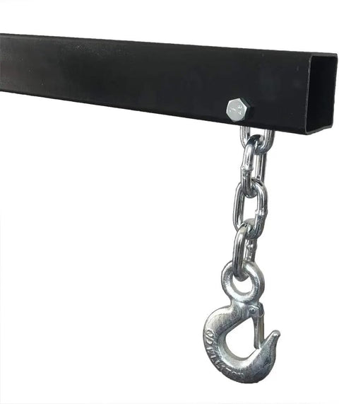 Built Tough Heavy Duty 2 Ton Electric Motor Hoist Stands with metal hook and chain for secure lifting in garage.