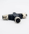 Front view of Rugged IP67 M12 5 Pin T Connector A Code Waterproof Field Wiring Adapter for industrial sensors, nickel-plated branches