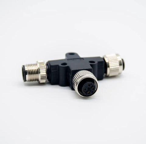 Front view of Rugged IP67 M12 5 Pin T Connector A Code Waterproof Field Wiring Adapter for industrial sensors, nickel-plated branches