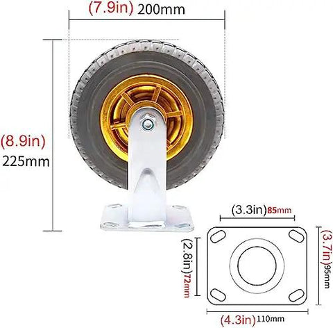 Smooth As Butter Heavy Duty Rubber Swivel Casters Set Of 4 Non Slip Replacement Wheels For Home Furniture And Workshop Carts With Dual Bearing Tech Dust Sealed Tread Universal Fit front view with size dimensions