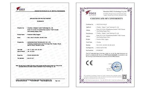 Application for test report and CE certificate for Heavy Duty Laser Safety Goggles Block Uv And Green Laser Beams With Real Deal OD 6 Plus Protection.