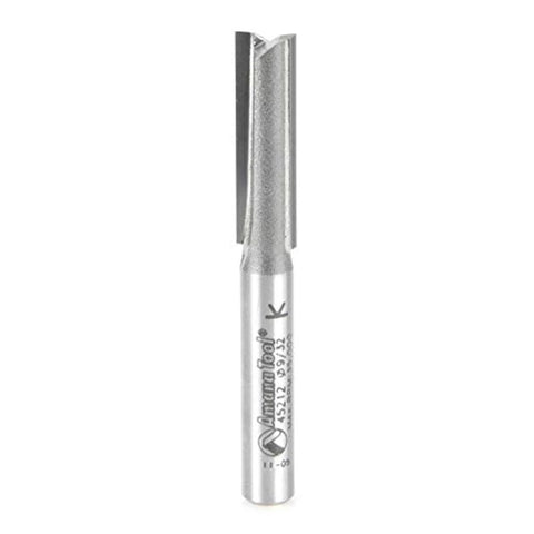 Pro Grade Solid Carbide Straight Plunge CNC Router Bit For Wood High Production With Diameter Nine Thirty Two Cutting Height One Inch Shank One Quarter Inch Two Flutes For Superior Finish And Vibration Reduction In Harsh Routing Jobs, front view showing silver metal construction and straight flutes.