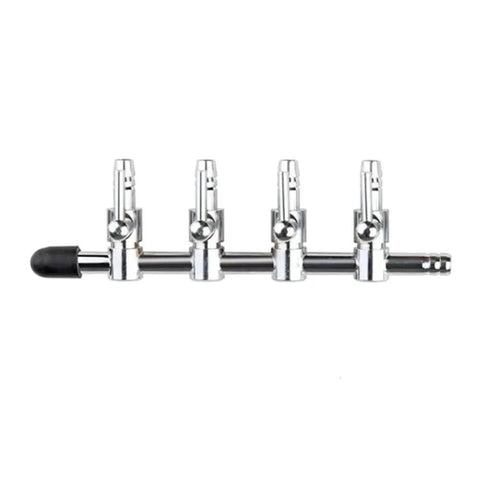 Two Pack Four Way Air Flow Control Valves With Airline Tubing Connectors, silver tone, side view, for aquarium fish tank setup.