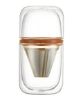 Smooth Pour Glass Cold Brew Dripper Set With Double Wall Sharing Cups Leakproof Travel Coffee Maker showing glass body and steel mesh filter.