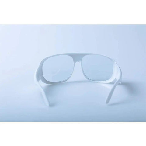 Top Shelf 10600nm Infrared Laser Safety Glasses For CO2 Lasers Od 6 Plus No Nonsense Eye Protection With 90 Percent Light Transmission For Workshop And Lab Jobs Solid Shield For Your Peepers. White frame safety glasses viewed from the front.