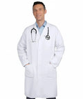 Man wearing Unisex Lab Coat Pro Grade For Students And Professionals, 100% Cotton Sanforized To Prevent Shrinking, Size Large.