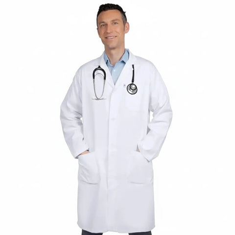 Man wearing Unisex Lab Coat Pro Grade For Students And Professionals, 100% Cotton Sanforized To Prevent Shrinking, Size Large.