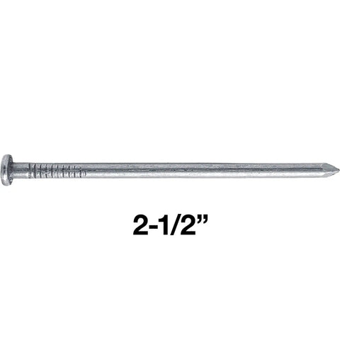 Real Deal Jobsite Staple Tough As Nails Two And One Half Inch Bright Common Framing Nail Heavy Duty Carbon Steel Smooth Shank General Purpose Structural Fastener One Pound Box - close-up view of nail