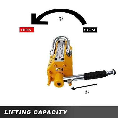 HONYTA magnetic lifter, yellow steel lifting magnet with release lever and black handle, front view.