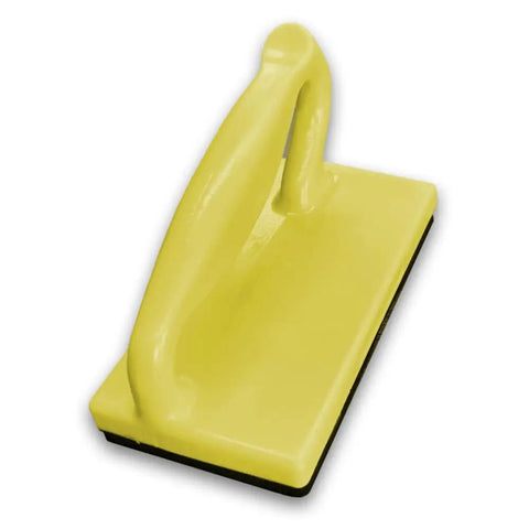 Yellow Safety Push Block For Woodworking Comfortable And Easy To Use Router Table Jig Block For Precise Cuts And Safer Routing Dope For DIY Projects And Jigs, shown from side angle.