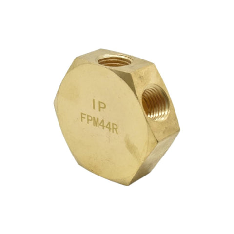 Brass Flat Hex Pneumatic Manifold FPM44R 3 Way Outlets 1/4 Inch NPT Female Inlets and Outlets, showing flat hexagonal shape