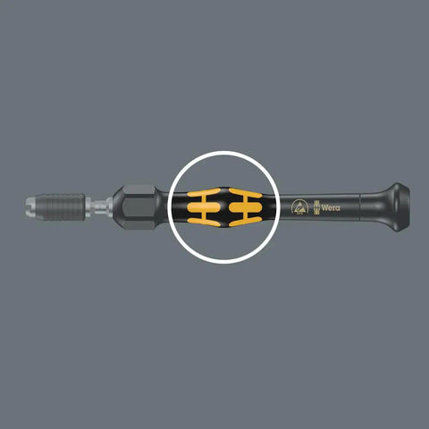 Micro ESD Adjustable Torque Screwdriver 2.0 to 6.0 Ncm with quick release chuck and Kraftform Micro Grip, lateral view.