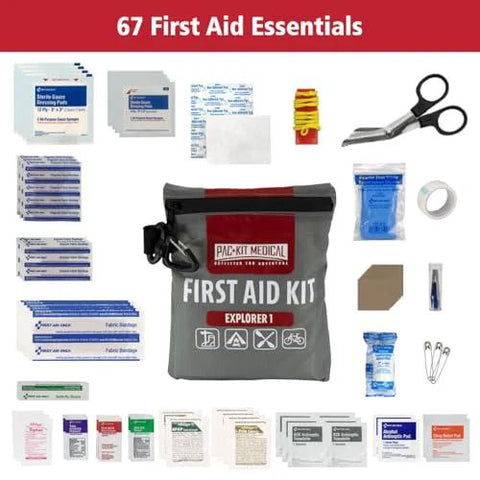 Front view of Pac-Kit Watertight Explorer 1 First Aid Kit bag with 67 pieces and assorted medical supplies.