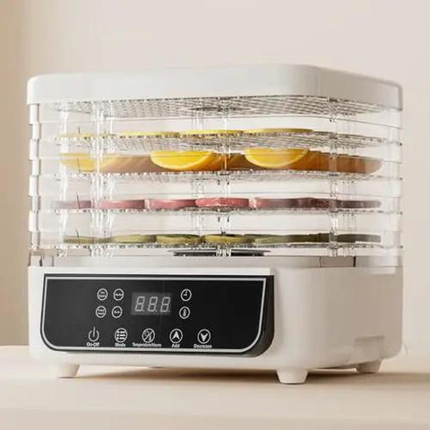 Straight Up Electric Food Freeze Dryer Machine With Five Trays and Digital Timer displaying fruits on five removable trays.